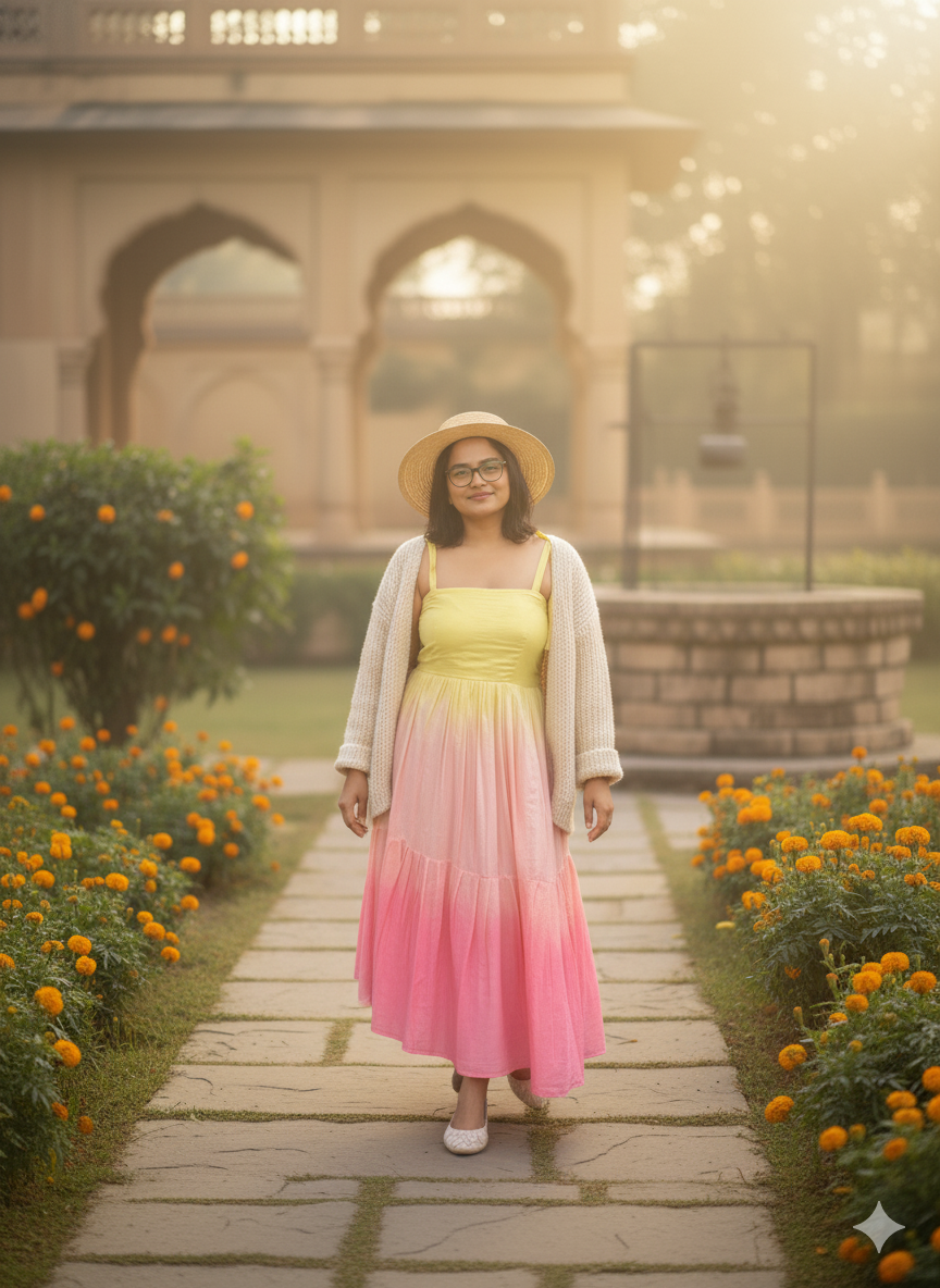 Pink And Yellow Shaded Mull Cotton Blush Midi Dress
