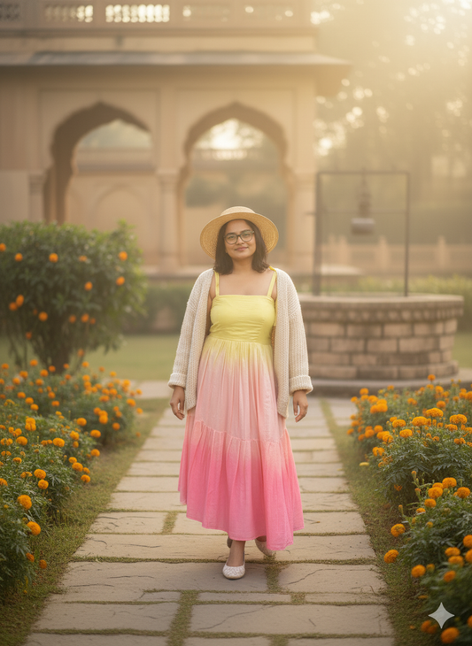 Pink And Yellow Shaded Mull Cotton Blush Midi Dress