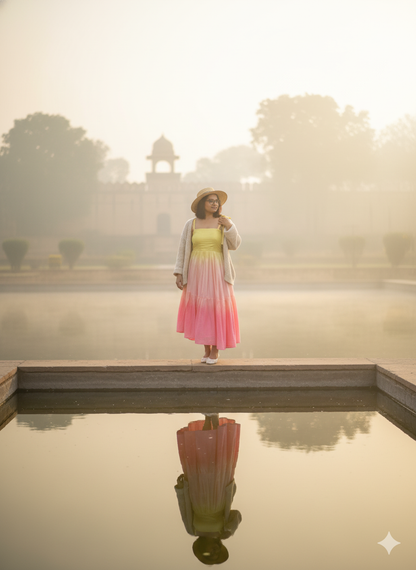 Pink And Yellow Shaded Mull Cotton Blush Midi Dress