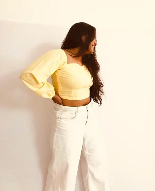 Yellow Bodyfit Puffed Sleeved Crop Top - wearendlessbloom