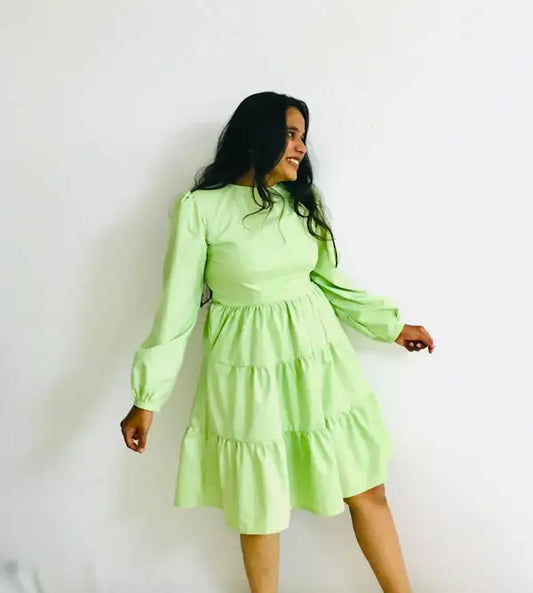 Full Sleeves Ruffled Layered Green Dress - wearendlessbloom