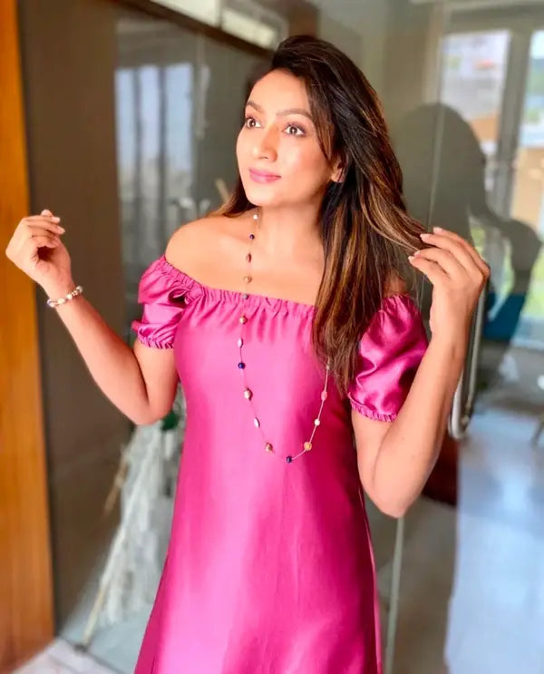 Off Shoulder Rose Pink Full Satin Dress - wearendlessbloom