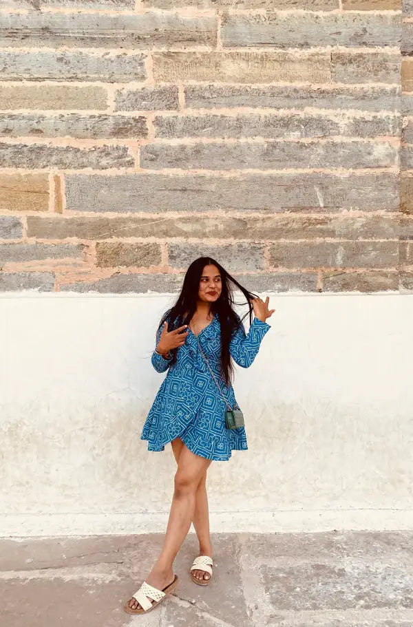 Blue Bandini Wrap Cotton Fabric Short Dress - wearendlessbloom