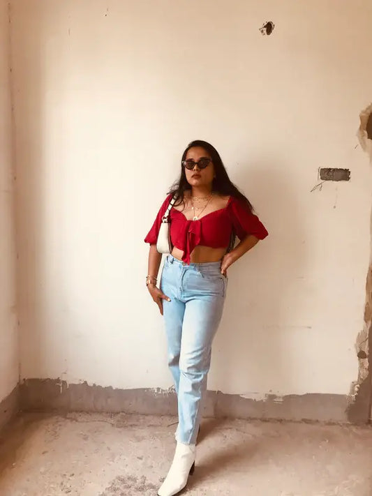Red Knitted Puffed Sleeves Crop Top - wearendlessbloom