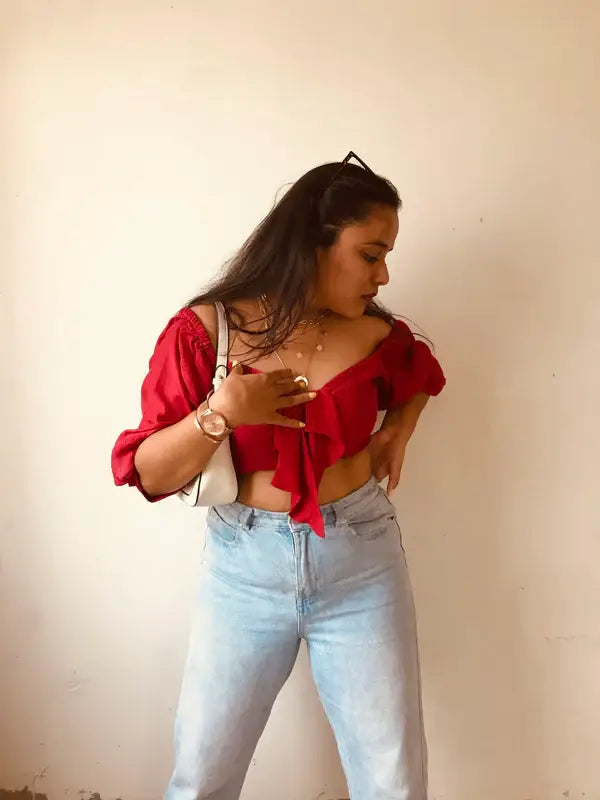 Red Knitted Puffed Sleeves Crop Top - wearendlessbloom