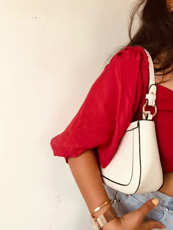 Red Knitted Puffed Sleeves Crop Top - wearendlessbloom