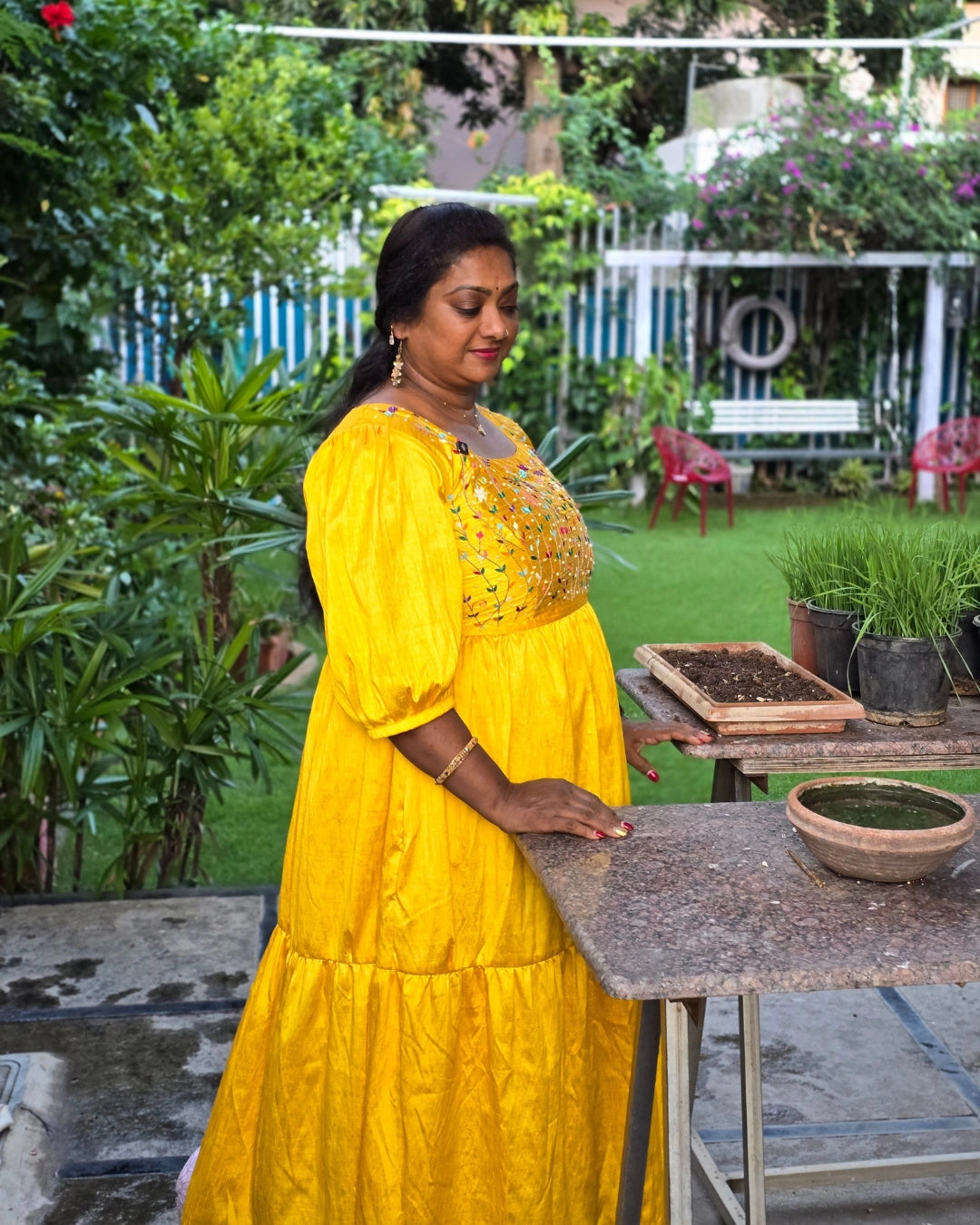 Hand embroidered yellow silk dress