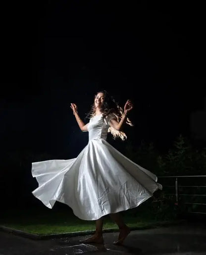 White Satin Puff Sleeves Midi Dress - wearendlessbloom