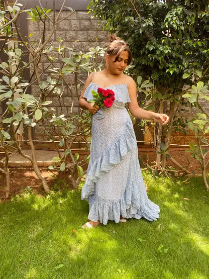 Georgette Frill Bela Flowy Blue Long Dress - wearendlessbloom