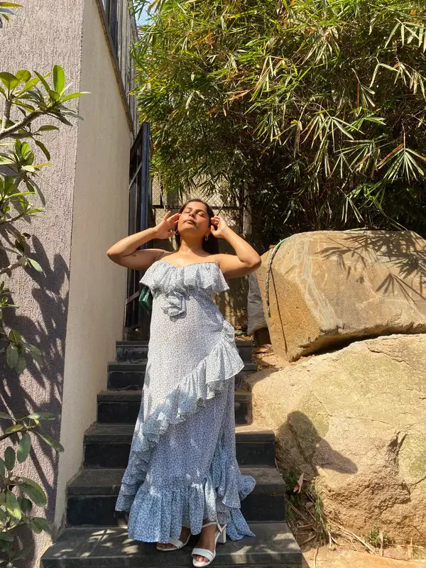 Georgette Frill Bela Flowy Blue Long Dress - wearendlessbloom