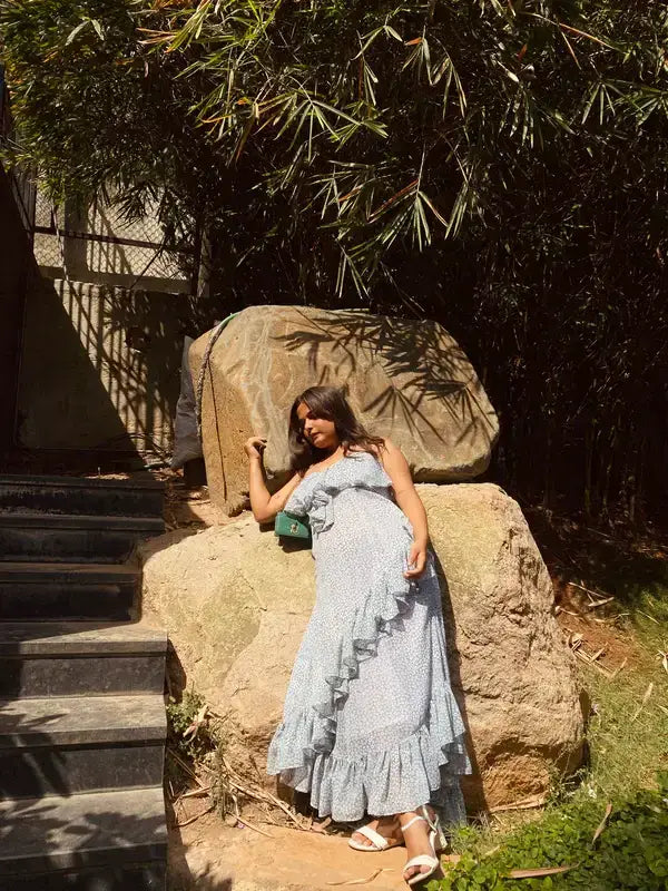 Georgette Frill Bela Flowy Blue Long Dress - wearendlessbloom