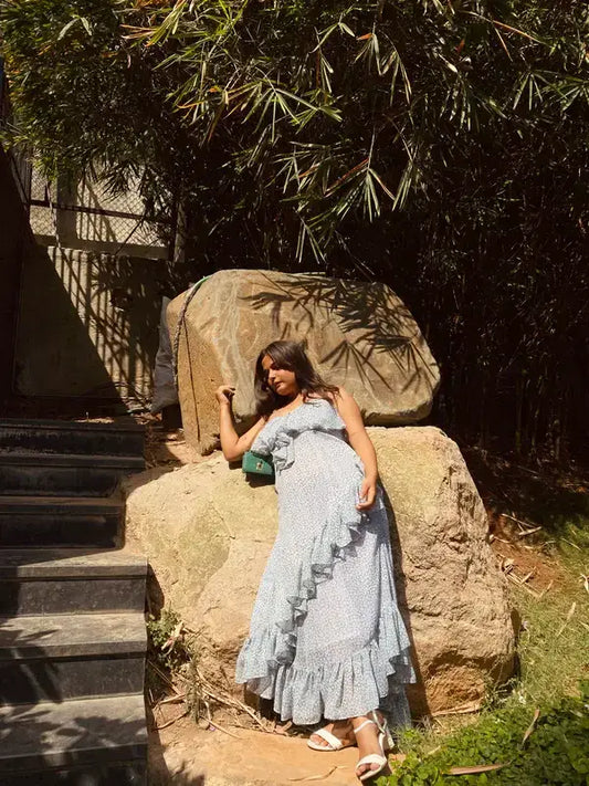 Georgette Frill Bela Flowy Blue Long Dress - wearendlessbloom