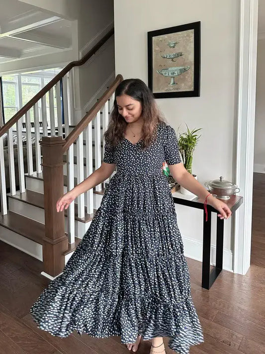 Dark Blue And White Printed Flowy Midi Dress - wearendlessbloom