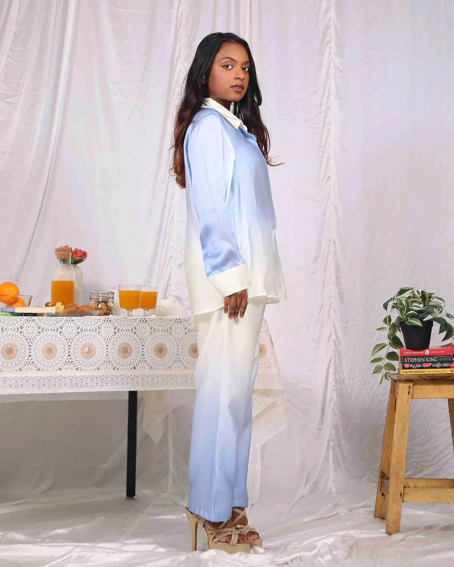 White And Blue Cloud Satin Co Ord Set - wearendlessbloom