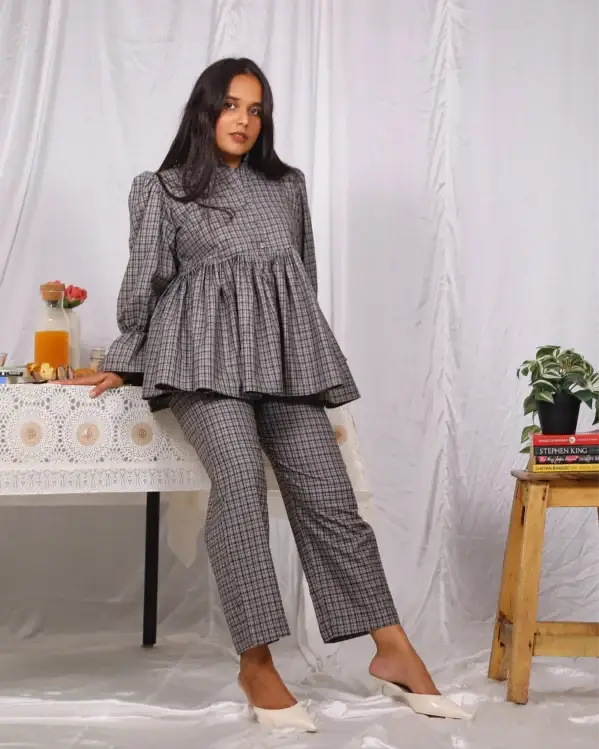 Black Checks Peplum Comfortable Airy Co Ord Set