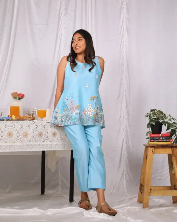 Blue Aqua Luxury Embroidered Chanderi Co Ord Set