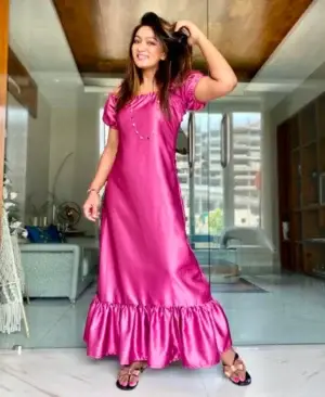 Off Shoulder Rose Pink Full Satin Dress