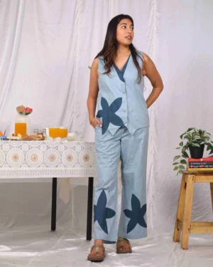 Flower Vibe Patch Blue Sleeveless Comfortable Co Ord Set